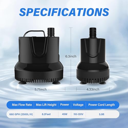 Image of Simple Deluxe 660GPH 45W Bottom Suction Water Table Pump (2500L /H) with 3 Nozzles for Fish Tank, Pond, Aquarium, Hydroponics, Fountains, Black
