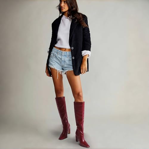 Image of Lovee Cosee Knee High Boots for Women Square Toe Chunky Heeled Boots with Side Zipper Fashion Dress Elastic Tall Boots