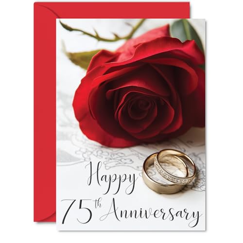 75th Anniversary Card for Women Men - Gold Rings Red Rose - Happy Wedding Anniversary Cards for Mum Dad Grandad Grandma Auntie Uncle, A5 Greeting Cards