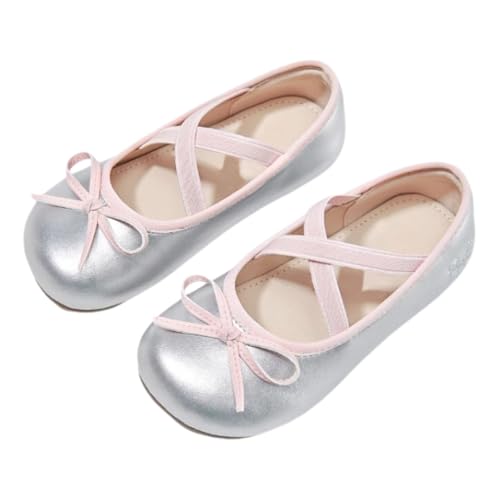 Girls' Silver Ballet Flats with Elastic Straps, Metallic Bow Detail, Cross-Strap Design
