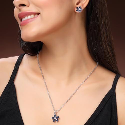 Image of ZENEME Rhodium Plated Silver Toned American Diamond Studded Floral Shaped Pendant Chain With Earrings Jewellery Set For Women And Girls