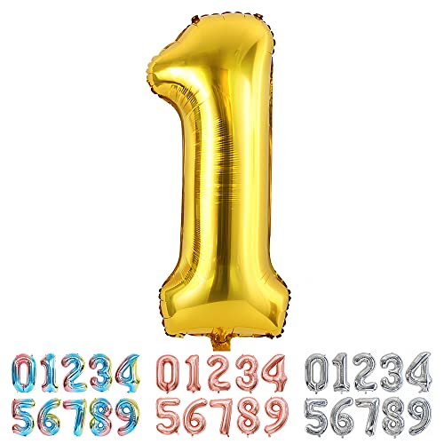 Ponmoo Foil Ballon Chiffre 1 Or, Grands Doré Numéro 0 1 2 3 4 5 7 8 10-19 20-29 30-39 40 50 60 70 80 90 100, Décoration de Ballons Géants pour Mariages...