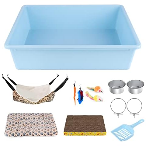 SIVEIS 13pcs Kitten Litter Box Starter Kit for Cat Cage Indoor, Kitty Litter Box Low Entry & Cat Litter Scoop, Cat Hammock & Soft Bed Mat,Cat Scratching Pad,Stainelss Steel Food Bowl,Kitten Toys Cover