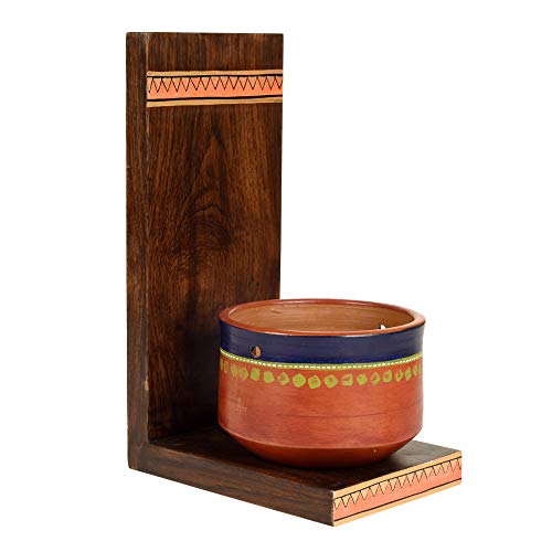Image of AAKRITI ART CREATIONS Asmi Earthen Brown Planter with Wall Decor Shelf | Handmade Terracotta Planter & Wooden Wall Hanging Shelf | Matte Finish Decorative Wall Art for Living Room, Balcony & Gifting