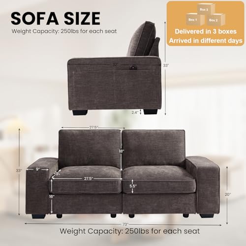Image of TEKAMON 73 inch Modular Sofa Couch with Seat Storage, Comfy 2-Seater Chenille Fabric Loveseat Sofa for Living Room, Office, RV, Apartment W /Deep Seat, Wide Arms, USB, Side Pockets, Washable Cover(DkGrey)