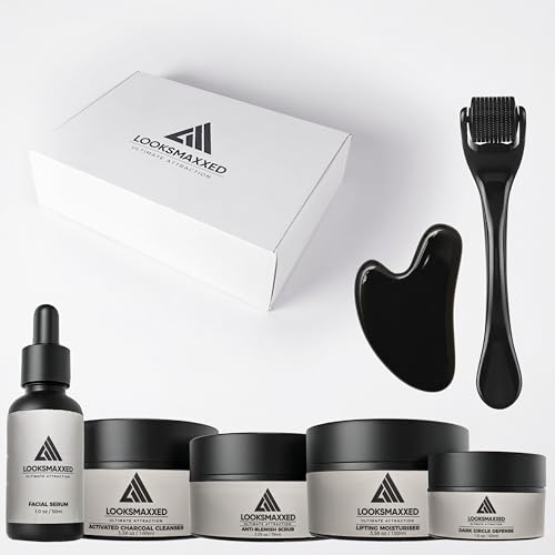 The Official LooksMaxxing Skincare Kit Moisturiser Serum Charcoal Cleanser Anti-Blemish Scrub Dark Circle Defence Gua Sha Stone Beard Derma Roller.