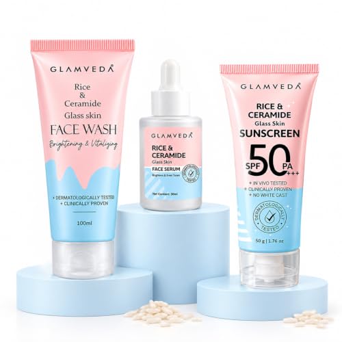 Image of Glamveda Korean Rice & Ceramide 3 Step Daily Skincare Routine | Face Wash, Serum & Sunscreen | For Clear, Glass Korean Skin Brightening & Hydrated Skin | For Men & Women