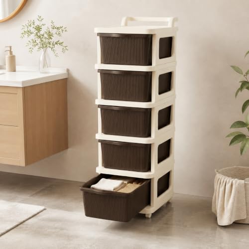 Image of Heavy Duty Plastic Storage Drawer with Wheels | Modular Cabinet for Bedroom, Office, Home or Classroom| Chest of Drawers Organiser for Cosmetics, Kitchen items, Toys (Brown, 5)