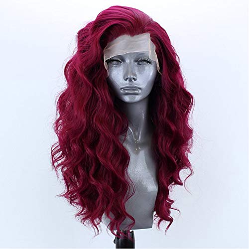 Choshim Hair Synthetic Lace Front Wig Purplish Red Color Long Curly Heat Resistant Fiber Free Part Lace Wig Wavy Hair for Women Half Hand Tied 22Inches 150% Density Hair Replacement Wig