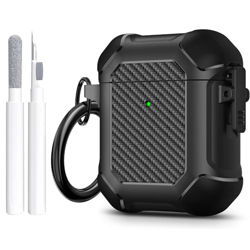 Maxjoy for AirPods Case Carbon Fiber Secure Lock Clip Full Body Shockproof Hard Shell Protective Case Cover with Keychain for AirPod 1st and 2nd Generation Wireless Charging Case Black