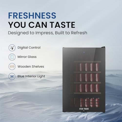 STAR TRACK Beverage Cooler, 115 Liters – Digital Control, Mirror Glass Door with Lock, Elegant Wooden Shelves, Blue Interior Light