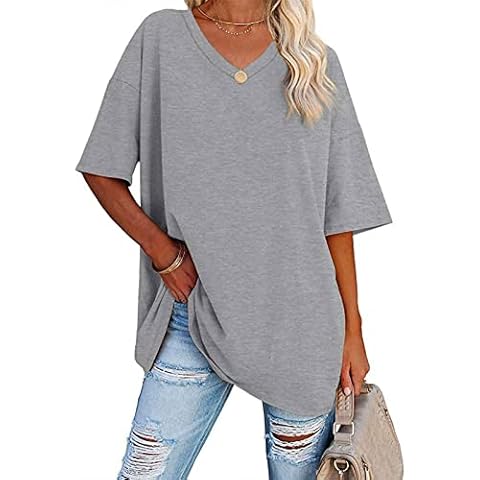 ETATNG Womens Oversized T Shirts Tees Half Sleeve V Neck Casual Comfy Loose Summer Blouse Tops Grey S Cover