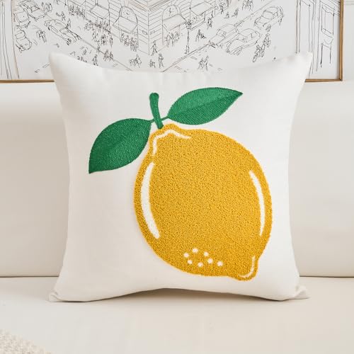 HOMFREEST Embroidered Summer Throw Pillow Cover 18x18 Inch Farmhouse Embroidery Yellow Lemon Decorative Pillowcase Seasonal Outdoor Patio Cushion Case for Sofa Couch Home Decor