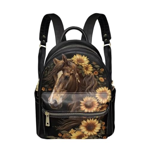 Coldinair Horse Backpack Purse for Women - Small Leather Waterproof Travel Bag - Lightweight Fashion Mini Backpack - Sunflower Casual Rucksack - Multipurpose Satchel Handbag