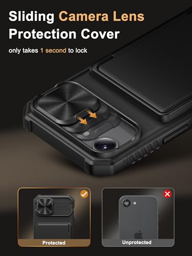 Image of Vihibii for iPhone 16e Back Cover Wallet with Card Holder (4 Cards) [RFID Blocking] & Slide Camera Cover, Military Grade Drop Protection, Rugged Back & Silicone Edge Case for 16e 2025 6.1 inch, Black