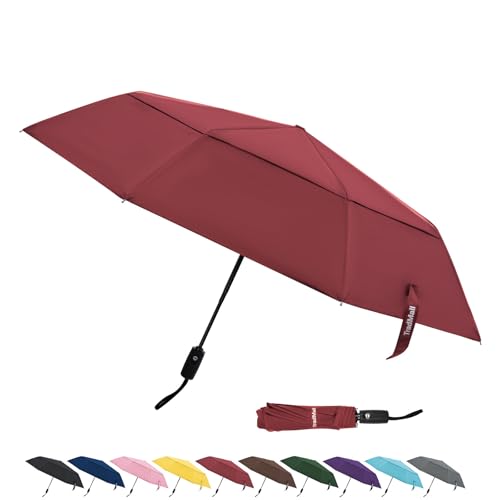 TradMall Reise-Regenschirm, 114 cm, winddicht, automatisch, stark, kompakt, zusammenklappbar, Regenschirme für Regen, doppelt belüftet, Baldachin für Damen und Herren, Rot