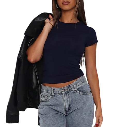 Damen Basic Kurzarm Crop Top Casual Y2K Rundhalsausschnitt Tops Slim Fit Tshirts Influencer Top Shirt(Dark Blue-168,XS)