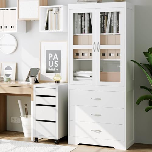 FOTOSOK-White-Kitchen-Pantry-Cabinet-67-Tall-Storage-Cabinet-with-2-Tempered-Glass-Doors-Modern-Kitchen-Cupboard-Large-Floor-Cabinet-with-3-Shelves-and-3-Drawers-for-Home-Office FOTOSOK White Kitchen Pantry Cabinet 67 Tall Storage Cabinet with 2 Tempered Glass Doors Modern Kitchen Cupboard Large Floor Cabinet with 3 Shelves and 3 Drawers for Home Office