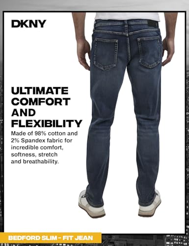 Image of DKNY Bedford Slim Fit Jeans for Men - Tapered Leg Stretch Denim Pants, Classic 5-Pocket Styling | Mens Slim Fit Jeans