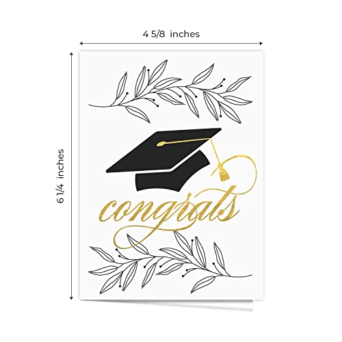 Graduation Hat Card Set / 12 Cards With White Envelopes / 4 5/8\" x 6 1/4\" Folded School Graduate Cards / 6 Black White And Faux Gold Grad Designs/Made In The USA