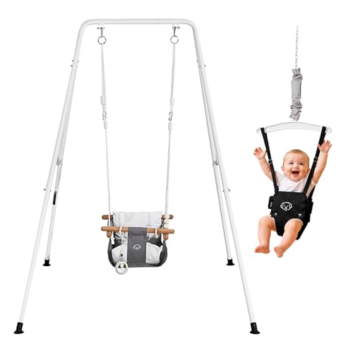 VEVOR Toddler Swing and Jumper 2 in 1 Swing Set and Bouncer Soft Cushion with Foldable A-Frame Metal Stand Heavy-Duty Thick Ropes Easy to Install and Store for Indoor or Outdoor Play Black