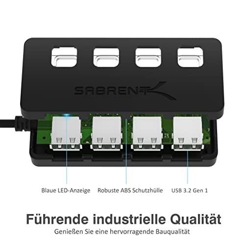 Foto von SABRENT USB Hub 3.2 Gen 1 mit Schaltern – 4 Port USB Verteiler mit LED Anzeige, 68CM Kabel, 5Gbps – USB Splitter für MacBook, iMac, Surface, Dell, PC, Laptop, PS5 – Plug & Play ohne Netzteil (HB-UM43)