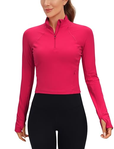 Image of CRZ YOGA Butterluxe Half Zip Crop Top | Workout, Extremely Soft, Slim Fit, Thumbholes, Side Pocket, Long Sleeve Shirts for Women