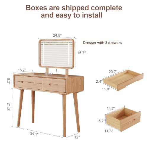 Image of Soild Wood Vanity Table 40 IN with Light Mirror High Adjustable, Make Up Desk Large Dressing Table 3 Lighting Modes, Makeup Vanity 3 Drawer Dresser Vanity Table Wooden for Checkroom Apartment Bedroom