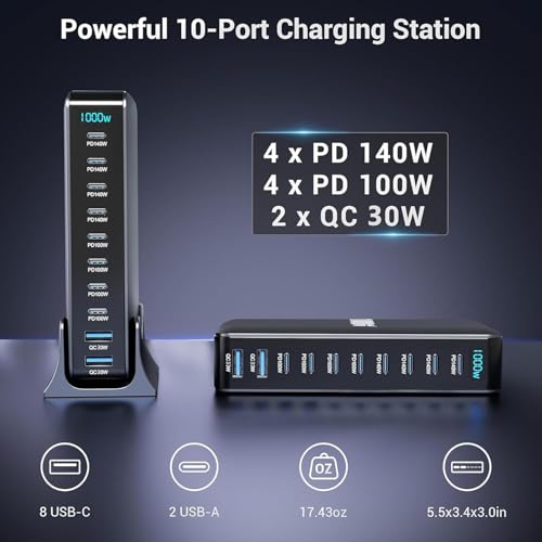 Image of 1000W Charging Station, 10 Ports (8C + 2A) Multiple GaN 4 Max PD140W /100W QC20W for 1Phone & Android, Ma Book & Type C Laptop, Fast Charger with PD & GaN Technology, for All Types (YMX-1000W)