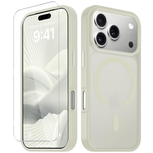 Image of YENAPOON for iPhone 17 Pro Case, Matte Magnetic Phone Cover [with 1 Screen Protector] [Support for MagSafe] [Shockproof Military Grade Protection] Translucent Frosted Back, Cream White