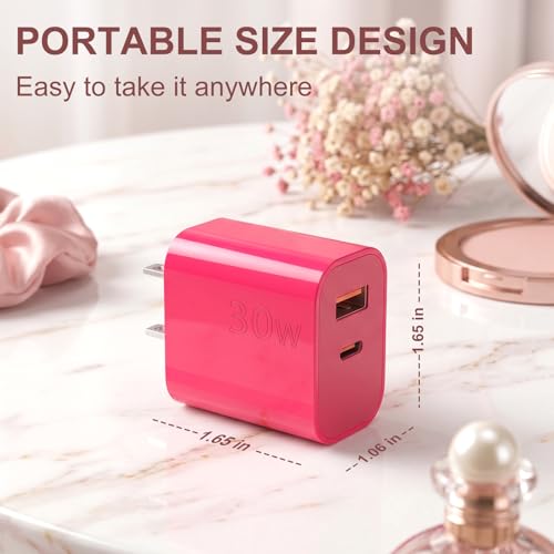 Image of Aolcev for iPhone Charger Fast Charging 2 in 1 USB A USB C Charger Block 30W Cute Type C Fast Charging Blocks for iPhone 17 16 15 14 13 for iPad USB C Charging Adapter for Galaxy S26 S25 S24 Rose Pink