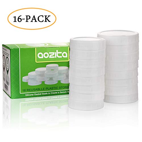 [AIRTIGHT] Aozita 16-Pack Plastic Mason Jar Lids with Sealing Rings - Plastic Storage Caps for Ball Jars and More - 8 Regular Mouth Jar Lids and 8 Wide Mouth Jar Lids