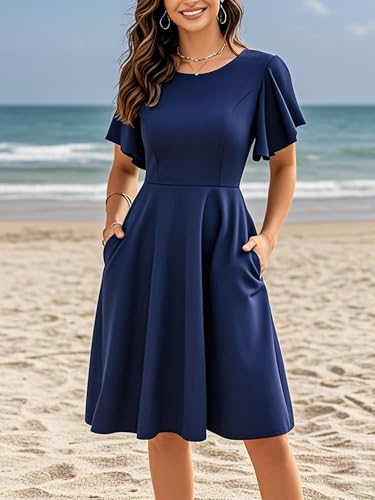 Image of oxiuly Wedding Church Vintage Cocktail Dresses with Pockets Summer Casual Floral Dress for Women Flare376