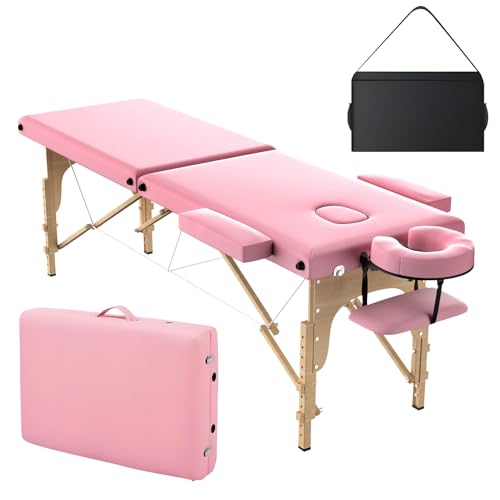 OmySalon Massage Table Portable Massage Bed 84 x 24 Salon SPA Tattoo Bed Lash Table Height Adjustable with Carrying Bag Face Cradle & Wooden Frame (Pink 2-Fold)