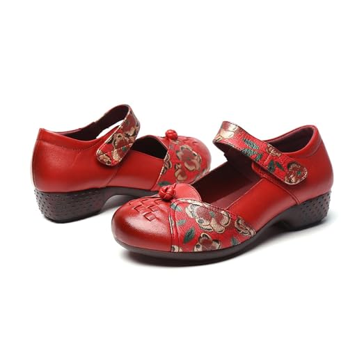 Women's Vintage Floral Print Chunky Heel Mary Jane Shoes Comfort Slip On Round Toe Adjustable Hook&Loop Mom Walking Shoes Casual Non-Slip Soft Sole Oxfords Dress Shoes3