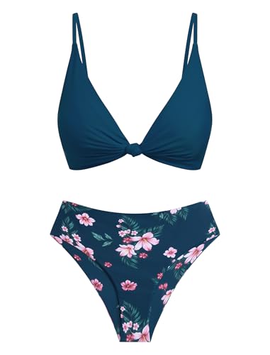 ZAFUL High Waisted Bikini Sets for Women Texture Push Up 2 Piece Swimsuit Knot Front V Neck Bathing Suit Brazilian Cheeky Bottom Navy Floral S