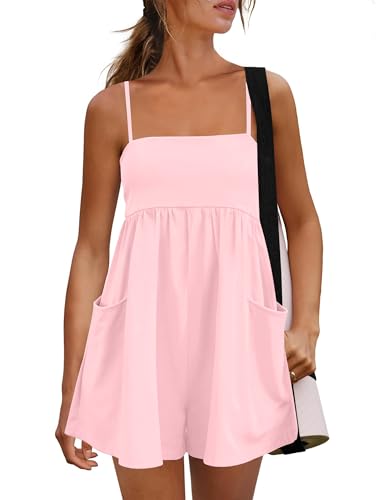 Kumufenc Womens Summer Rompers 2026 Casual Spaghetti Strap Short Jumpsuits with Pockets(Pink M)