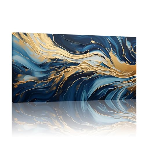 Décoration murale abstraite bleue grand format 80x160 cm avec cadre interne