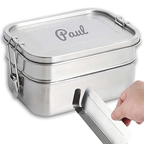LOOXIS Scatola per il pranzo personalizzata in acciaio inox con incisione del nome o del testo -idea regalo per bambini, compleanno - con scomparti, inclusa separazione, bento box - M Doppio piano