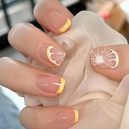 24 Pcs Press on Nails Short, Summer Fake Nails French Tips Glue on Nails, Glossy False Nails with Designs, Short Acrylic Nails for Women and Girls (Lemon Fruit)