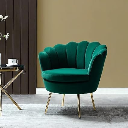 Image of Wooden Velvet Shell Accent Chair, Upholstery, Gold Metal Legs, Channel Tufted Design, Barrel Chair for Living Room, Drawing Room, Bedroom, & Office (Green)