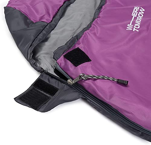 Foto von Where Tomorrow Schlafsack Small and Light - 220 x 80 x 50 cm - inkl. Packsack - kleines Packmaß 26 x 14 cm gepackt - 700g - Ultraleicht - für Outdoor, Backpacking - Grau/Lila