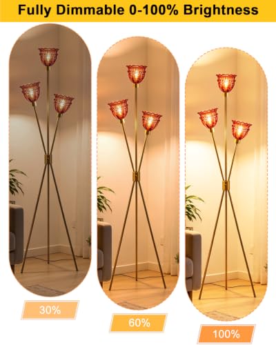 Image of Lightdot 3-Lights Glass Tripod Floor Lamp Gold Dimmable Floor Lamps with 3000K Warm White Bulbs for Wedding Party 62IN Tall Standing Lamp with Deep Red Glass Shade for Living Room /Bedroom /Home Decor