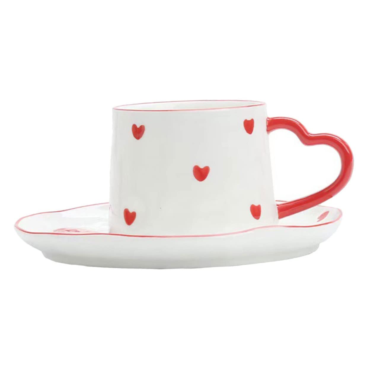 1Set Valentine's Day Ceramic Coffee Mug with Heart Design and Saucer Household Water Cup for Festivals and