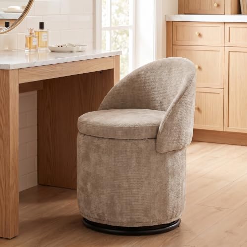 HNY Swivel Vanity Chair with Storage and Folding Back, Oatmeal - image 1