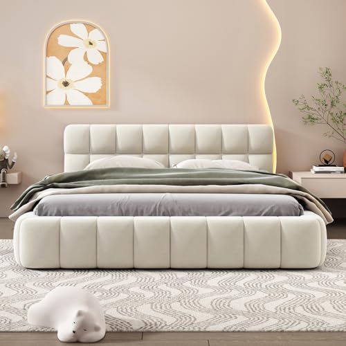 DULRLLY Polsterbett Bubble Bett 160 x 200 cm,Doppelbett mit Lattenrost, Jugendbett mit Gepolstertes Kopfteil, Gepolstertes Bett für Schlafzimmer und Gästezimmer,ohne Matratze, Leinenstoff (Weiß)