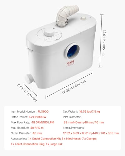 Image of VEVOR 900W Macerator Pump, 48 GPM Flow, 40 ft /12 m Head, Macerator Sewerage Toilet Pump with 4 Water Inlets, Waste Water Disposal Upflush Machine for Toilet, Basement, Shower, Sink, Laundry, Bathtub