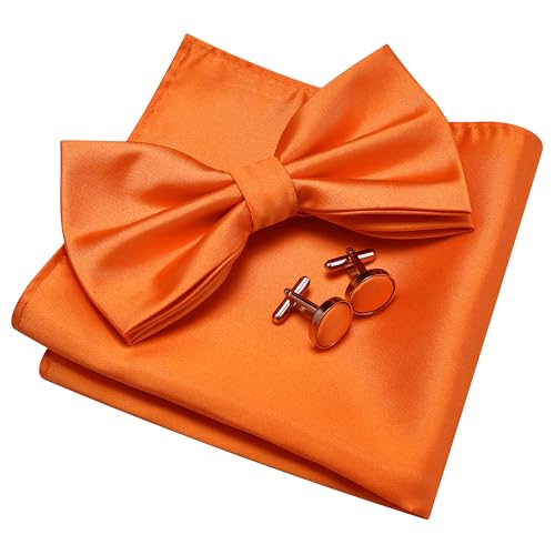 GUSLESON Bright Orange Bow Tie and Pocket Square Cufflink Set for Wedding Mens Solid Pre-tied Bow ties (0570-43)