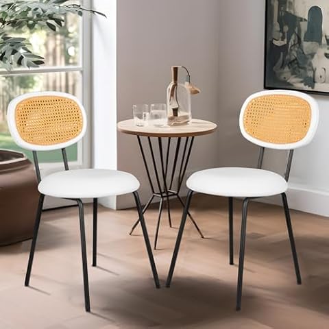SeekFancy Dining Chairs Set of 2 with Rattan Backrest, White Rattan Dining Chairs, Mid Century Modern Dining Chairs, Faux Leather Kitchen Side Chairs, Upholstered Kitchen Dining Chairs,18" Cover