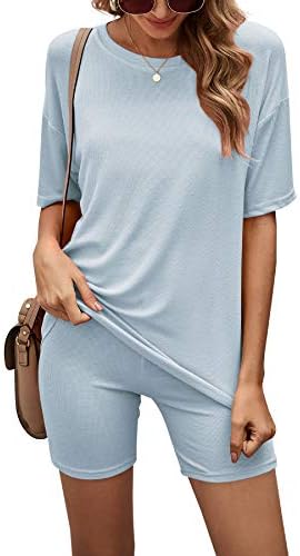 CoolooC Two Piece Outfits for Women Sexy Short Sleeve Round Neck Biker Shorts Set Tracksuits